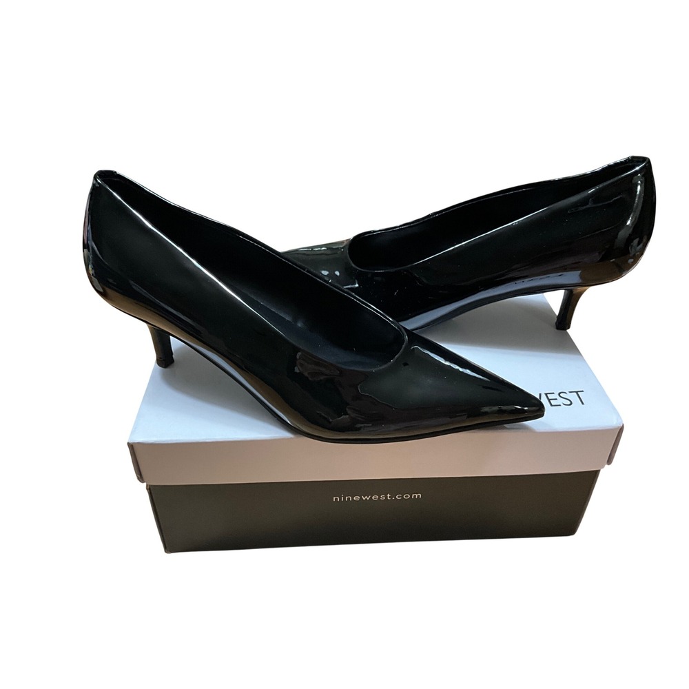 Nine West Womens Black Patent Pointed Toe Kitten Heel Pumps Size 7M